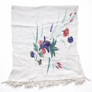 Vintage Island Girl White Floral Print Rayon Scarf Shawl Fringed Sarong